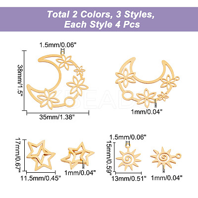 12Pcs 6 Style 201 Stainless Steel Pendants STAS-CA0001-82-1