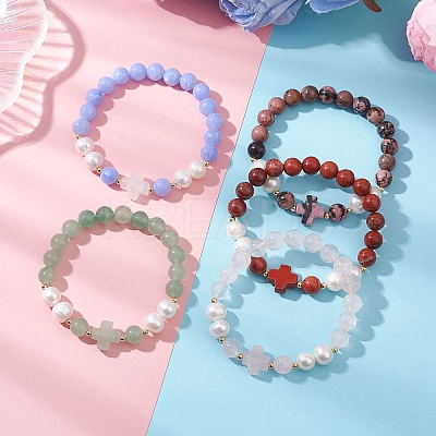 Natural Mixed Gemstone & Cultured Freshwater Pearl Round Beads Stretch Bracelets for Women BJEW-JB13086-1