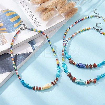 Natural Red Jasper & Howlite Chips & Porcelain Fish Beaded Necklace with Alloy Clasps NJEW-JN04367-1