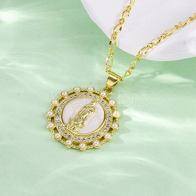 Brass Clear Cubic Zirconia Flat Round with Virgin Mary Pendant Necklaces NJEW-C071-07A-G-1