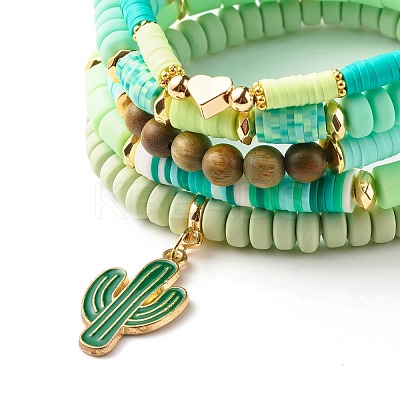 Natural Sandalwood Round & Polymer Clay Heishi Beads Stretch Bracelets Sets BJEW-JB07437-1