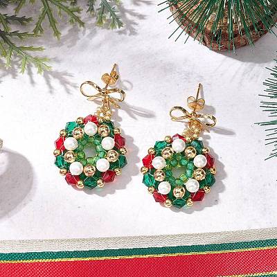 Christmas Wreath Glass Dangle Stud Earrings EJEW-MZ00509-1