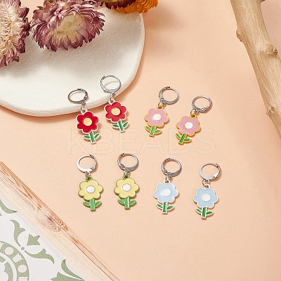 4 Pair 4 Color Alloy Enamel Flower Dangle Leverback Earrings EJEW-JE05236-1