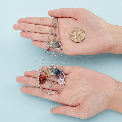 Flat Round with Tree of Life Mixed Stone Pendant Decorations HJEW-AB00162-1
