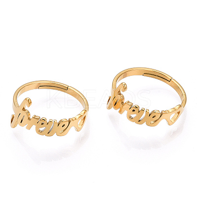 Ion Plating(IP) 304 Stainless Steel Heart with Word Forever Adjustable Ring RJEW-T027-05G-1