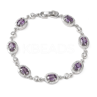 Oval Brass Micro Pave Cubic Zirconia Link Chain Bracelets for Women BJEW-D387-04P-1