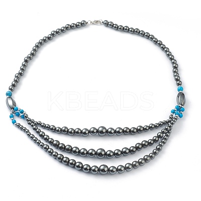 Non-Magnetic Synthetic Hematite & Turquoise Beades 3 Layer Necklaces NJEW-J058-01A-03-1