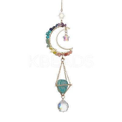 Wire Wrapped Gemstone Chip & Brass Moon Pendant Decoration HJEW-TA00089-1