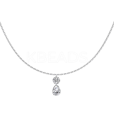 Clear Cubic Zirconia Flat Round Teardrop Pendant 925 Sterling Silver Cable Chain Necklaces for Women NJEW-S457-11P-1