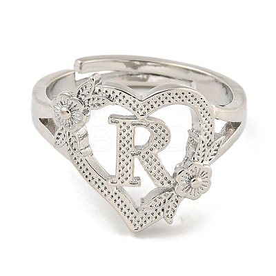 Heart with Letter & Flower Rack Plating Brass Adjustable Rings for Women RJEW-I105-05P-R-1