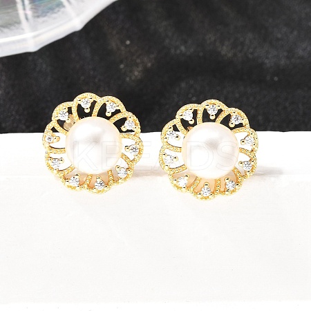 Flower Brass Micro Pave Clear Cubic Zirconia Stud Earrings EJEW-A135-24G-1