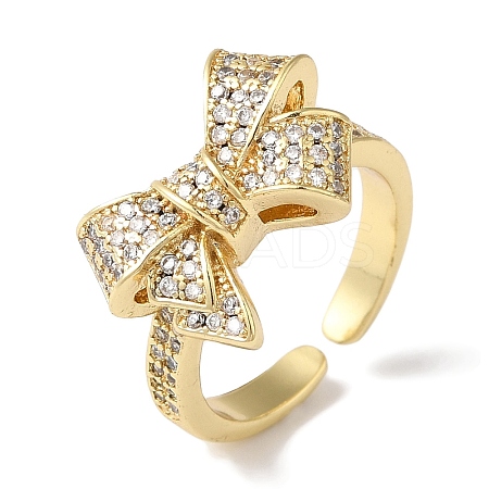 Bowknot Brass Micro Pave Clear Cubic Zirconia Open Cuff Rings for Women RJEW-C098-13G-1
