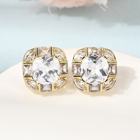 Brass Pave Clear Cubic Zirconia & Glass Stud Earrings EJEW-G471-03G-01-1