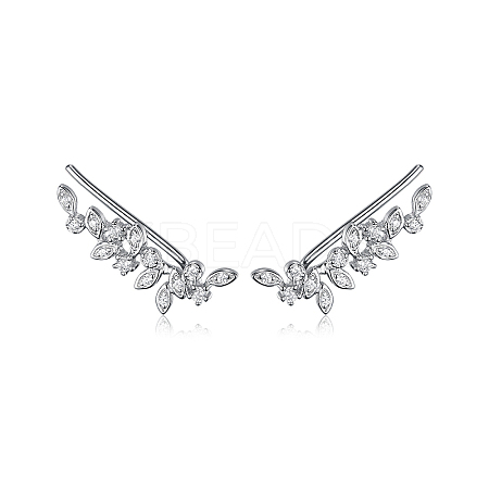 Sterling Silver Micro Pave Clear Cubic Zirconia Leaf Clip-on Earrings OV8225-1-1