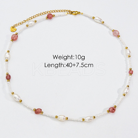 Handmade Natural Pearl & Strawberry Quartz & Glass Beaded Necklace JR6200-3-1