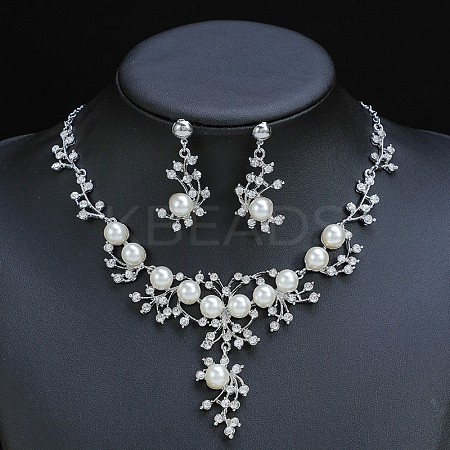 Flower Alloy & Plastic Pearl & Crystal Rhinestone Pendant Necklaces & Stud Dangle Earrings Sets FS-WG18295-01-1