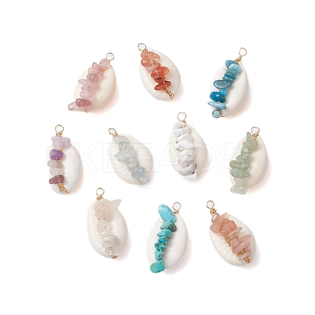 10Pcs 10 Styles Natural Cowrie Shell Copper Wire Wrapped Gemstone Chip Pendants PALLOY-JF02782-1