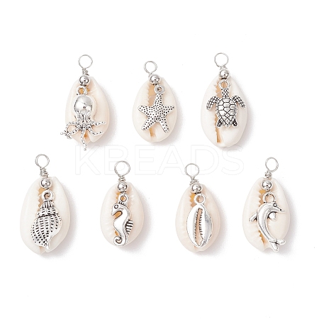 Natural Cowrie Shell & Alloy Sea Animals Pendants PALLOY-JF03751-1