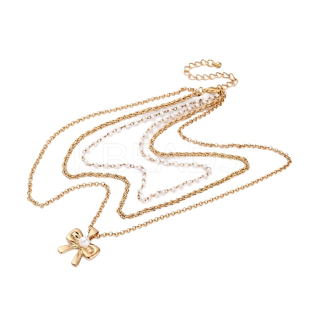 Alloy & Plastic Pearl 3 Layer Necklaces NJEW-U013-02G-1