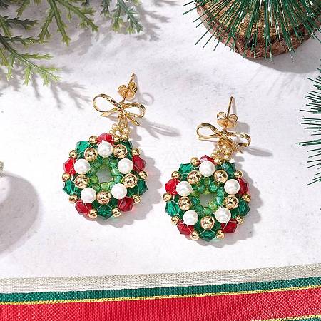 Christmas Wreath Glass Dangle Stud Earrings EJEW-MZ00509-1