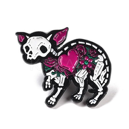 Skeleton Cat with Heart Enamel Pin for Halloween JEWB-F015-09EB-1