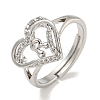 Heart with Letter Rack Plating Brass Micro Pave Clear Cubic Zirconia Adjustable Rings for Women RJEW-I105-01P-R-1