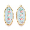Printed Style 304 Stainless Steel Oval with Flower Pattern Pendants STAS-T071-27D-G-1