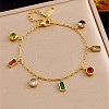 304 Stainless Steel Pave Colorful Cubic Zirconia Rectangle Flat Round Charm Bracelets for Women WG5257D-01-1
