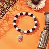 Halloween Brass Skeleton Hand Charm Natural Howlite and Black Onyx (Dyed & Heated) Round Beaded Stretch Bracelets BJEW-TA00683-1
