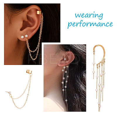 4Pcs Long Chain Tassel Drop Cuff Earrings with Imitation Pearl EJEW-KS0001-04-1