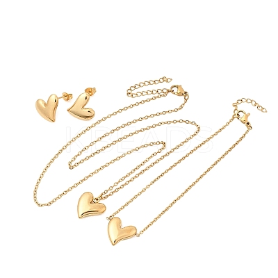 304 Stainless Steel Heart Pendant Necklaces & Bracelets & Stud Earrings Sets SJEW-P008-01G-1