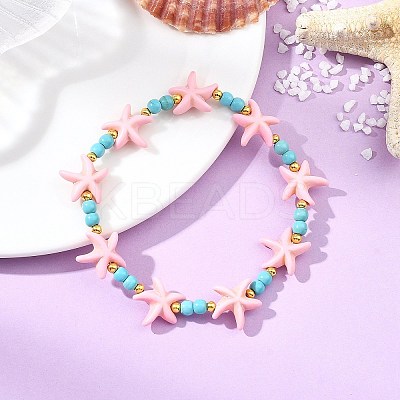 Synthetic Turquoise & Brass Beads Stretch Bracelets for Women BJEW-JB13877-02-1