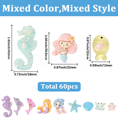 60Pcs 10 Styles Sea Theme Opaque Resin Cabochons RESI-SC0036-44-1