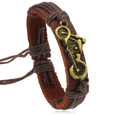 Motorbike Alloy & Cowhide & Jute Cord Braided Bracelets for Men FS-WG31926-02-1