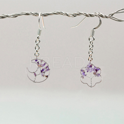 8Pcs 4 Styles Flower & Moon & Oval & Hexagon Natural Amethyst Copper Wire Wrapped Chip Big Pendants G-DC0001-26-1