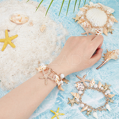 3Pcs Natural Conch Shell & Alloy Starfish & CCB Plastic Pearl Charm Bracelet BJEW-PH0004-35-1