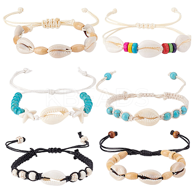 6Pcs 6 Styles Natural Turquoise & Cowrie Shell Braided Beads Bracelets Sets BJEW-GA0001-17-1