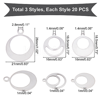 60Pcs 3 Style 201 Stainless Steel Pendants STAS-UN0029-28-1