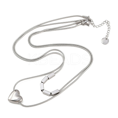 304 Stainless Steel Heart Pendant Double Layer Necklaces for Women NJEW-K298-01P-1