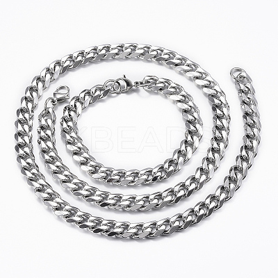 201 Stainless Steel Curb Chain Necklaces & Bracelets Sets SJEW-L186-02P-A-1