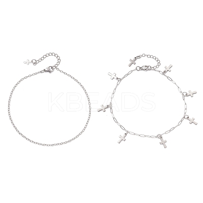 2Pcs 2 Styles 304 Stainless Steel Cable Chain Paperclip Chain Charm Double Layer Anklets for Women AJEW-AN00740-03-1
