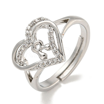 Heart with Letter Rack Plating Brass Micro Pave Clear Cubic Zirconia Adjustable Rings for Women RJEW-I105-01P-R-1