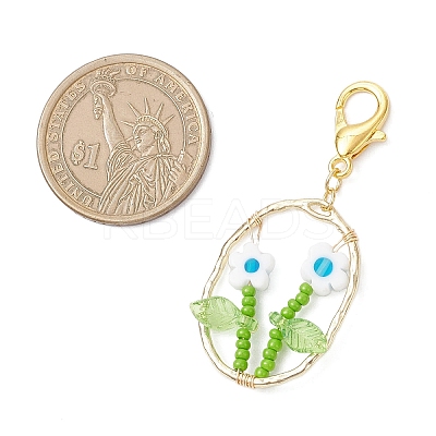 Oval with Flower Glass Seed Bead & Lampwork & Alloy Pendant Decoraitons HJEW-MZ00351-01-1