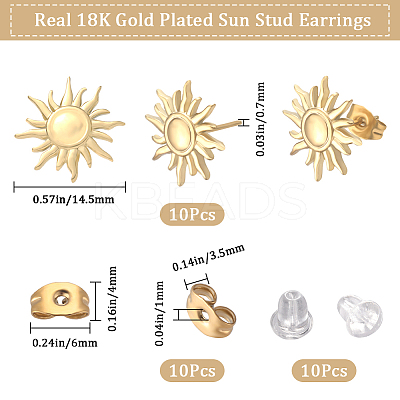 10Pcs 304 Stainless Steel Sun Stud Earring Findings EJEW-BBC0001-12-1