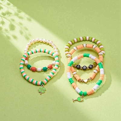 Saint Patrick's Day Freshwater Pearl & Handmade Polymer Clay Heishi Stretch Bracelets Sets BJEW-JB08768-1