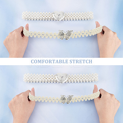 2Pcs 2 Style ABS Plastic Pearl Braided Stretch Chain Belts with Alloy Oval Clasp AJEW-CP0001-66-1