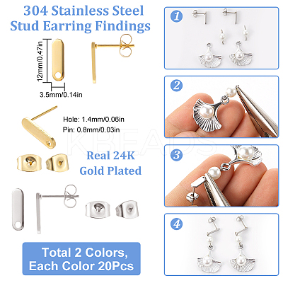 40Pcs 2 Colors 201 Stainless Steel Oval Stud Earring Findings STAS-SC0005-34-1