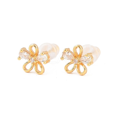 Flower Brass Micro Pave Clear Cubic Zirconia Stud Earrings for Women EJEW-A150-03G-1