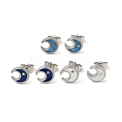 Enamel Crescent Moon with Star Stud Earrings with 316 Surgical Stainless Steel Pins EJEW-A081-09P-1