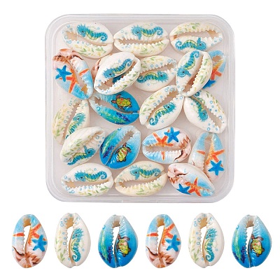 20Pcs Printed Natural Cowrie Shell Beads SHEL-YW0001-03D-1